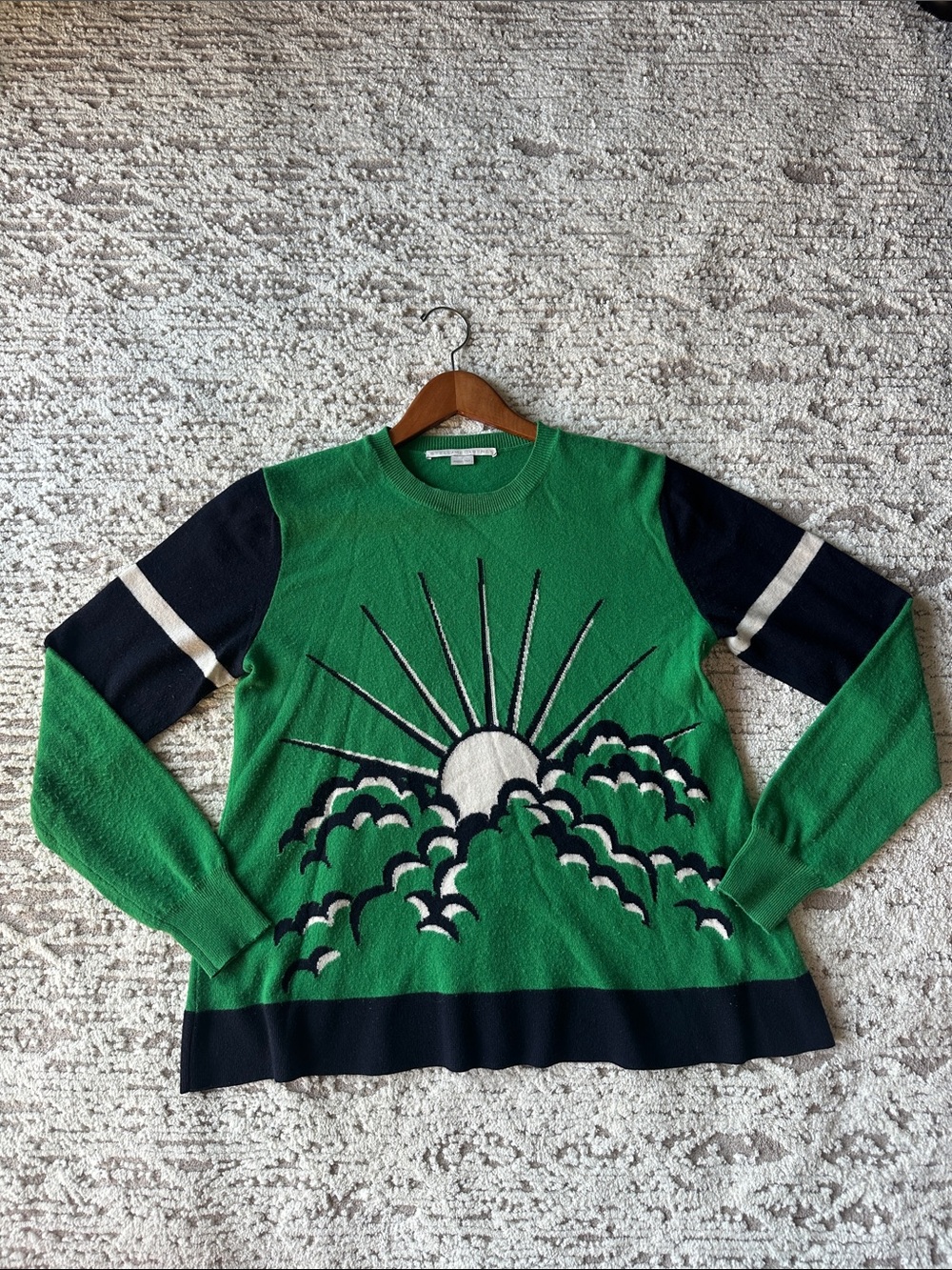 Stella McCartney Green Crewneck Sweater with Navy & White Sunrise Motif